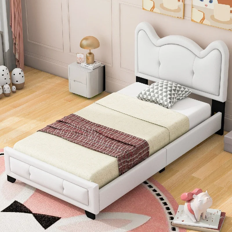 White Cute Pine Wood Upholstered Platform Bed with Cartoon Ears