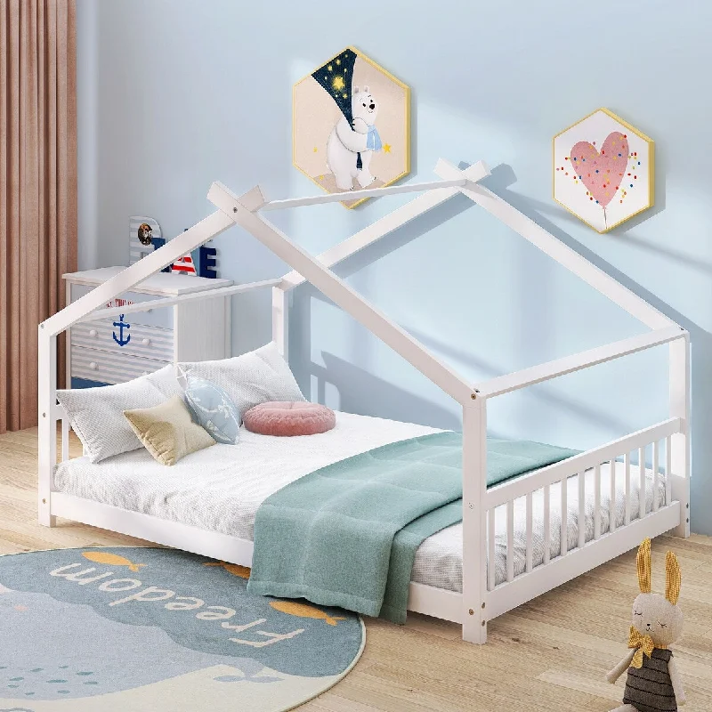 White Full Size House Bed, Roof, Playhouse Design, Pinewood Frame