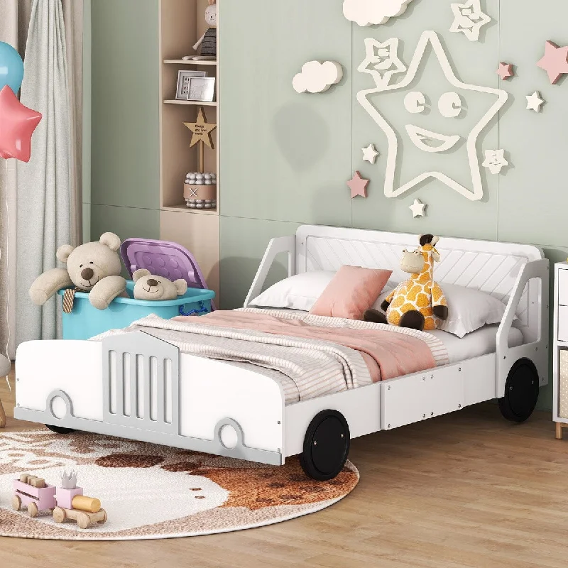 White Full Size Unique Car Platform Bed with Wheel Legs