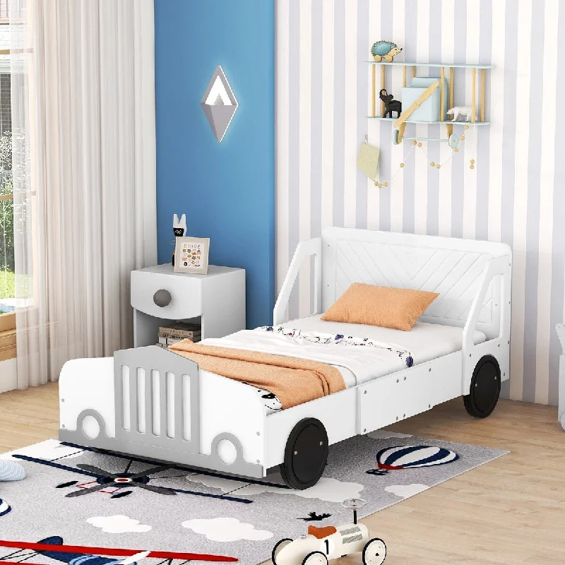 White Twin Size Unique Car Platform Bed with LED lights