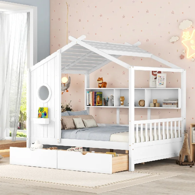 White Wooden Kids House Bed with 2 Drawers and Storage Shelf