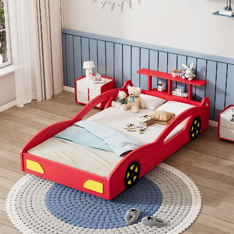 Wooden Race Car Bed Car-Shaped Platform Twin Bed with Wheels For Teens