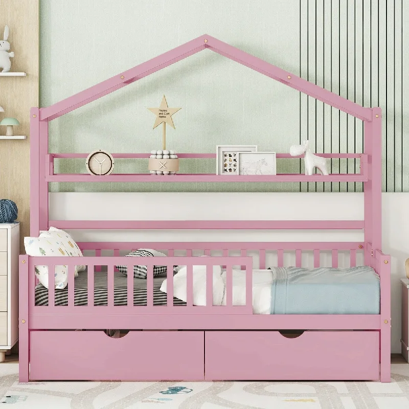 Wooden Twin Size Kids House Bed with 2 Drawers and Shelf, Pink