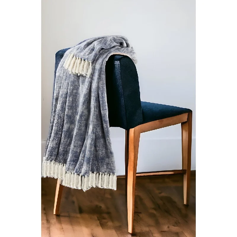 50" X 60" Blue and White Woven Cotton Throw Blanket with Fringe