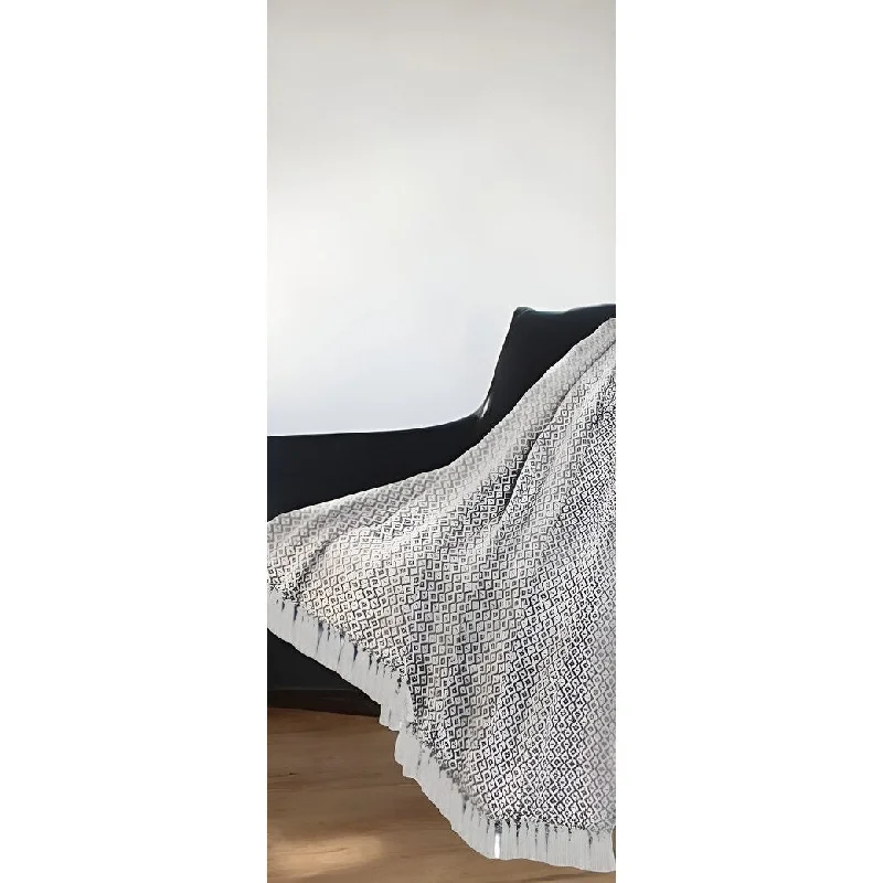 50" X 60" Gray and White Woven Cotton Geometric Throw Blanket with Fringe