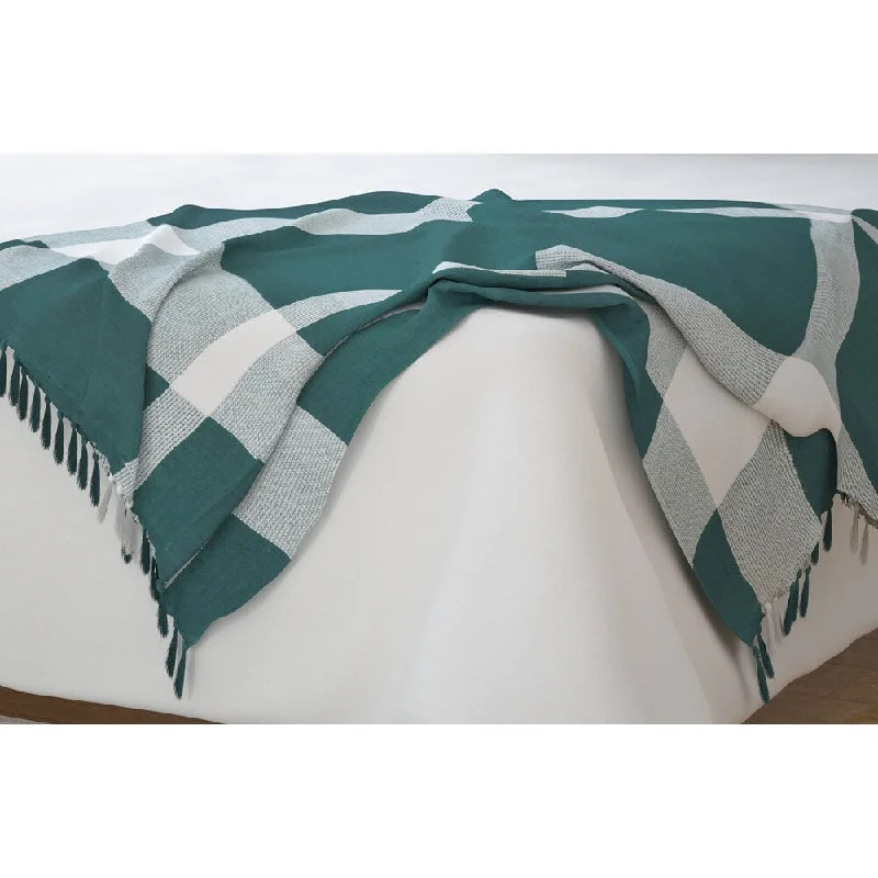 50" X 60" Green Woven Cotton Checkered Throw Blanket with Fringe