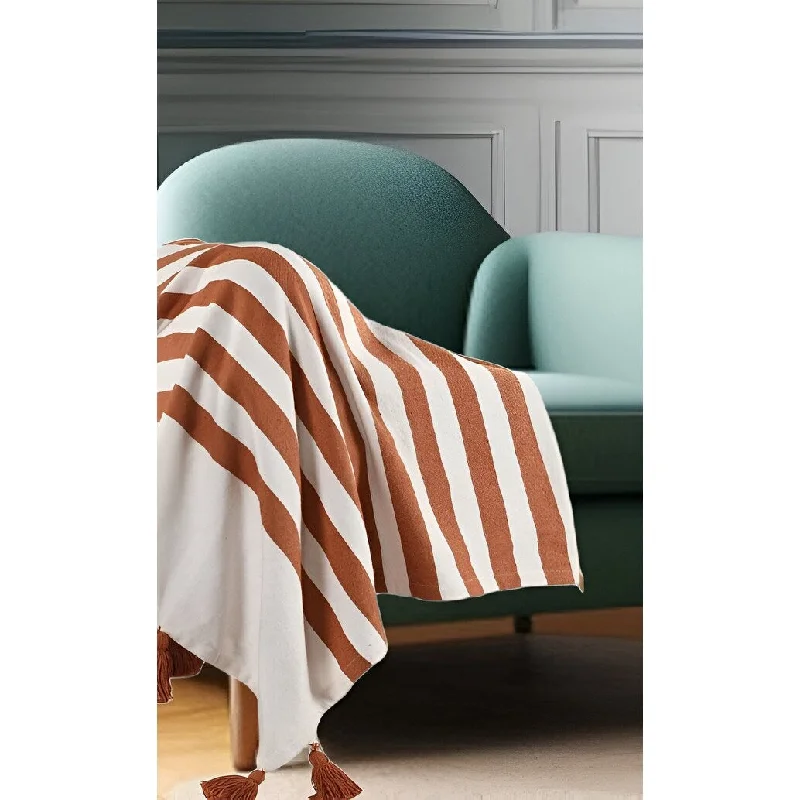 50" X 60" Orange Woven Cotton Striped Throw Blanket with Tassels