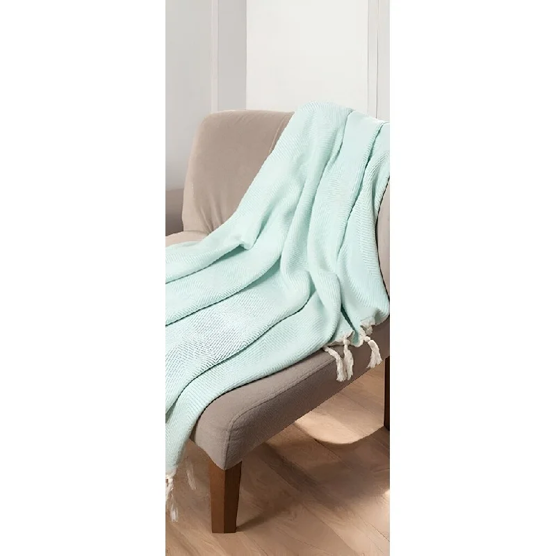 50" X 60" Teal Blue Woven Cotton Herringbone Throw Blanket with Fringe