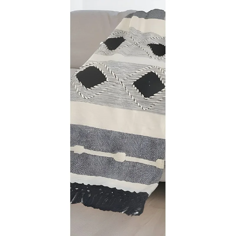 60" X 50" Black and Blue Woven Cotton Striped Throw Blanket with Tassels