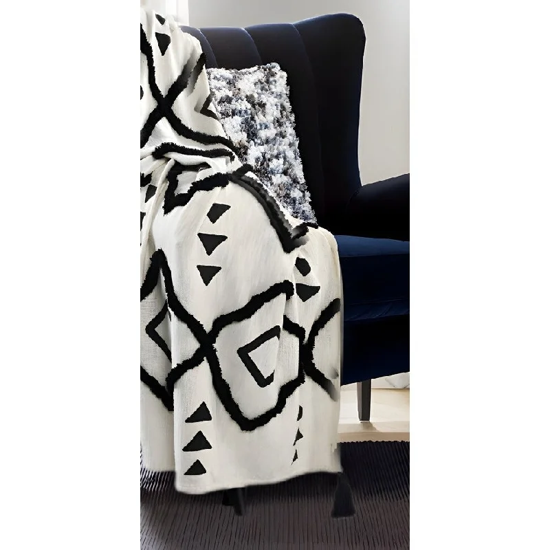 60" X 50" Black and White Woven Cotton Geometric Throw Blanket with Tassels