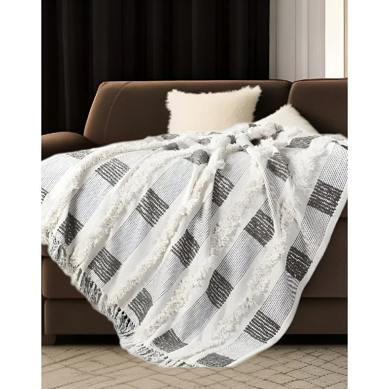 60" X 50" Gray and White Woven Cotton Checkered Throw Blanket with Fringe