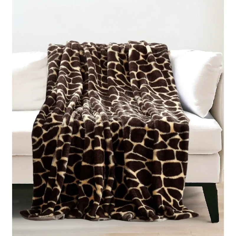 60" X 50" Yellow and Brown Knitted Polyester Animal Print Plush Throw Blanket