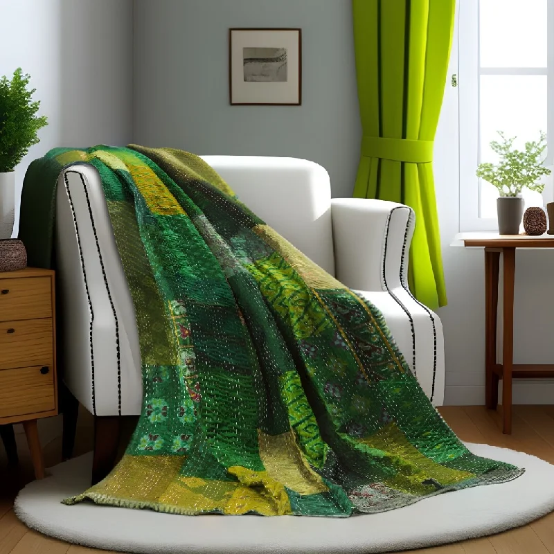 70" X 50" Green Kantha Silk Patchwork Throw Blanket with Embroidery