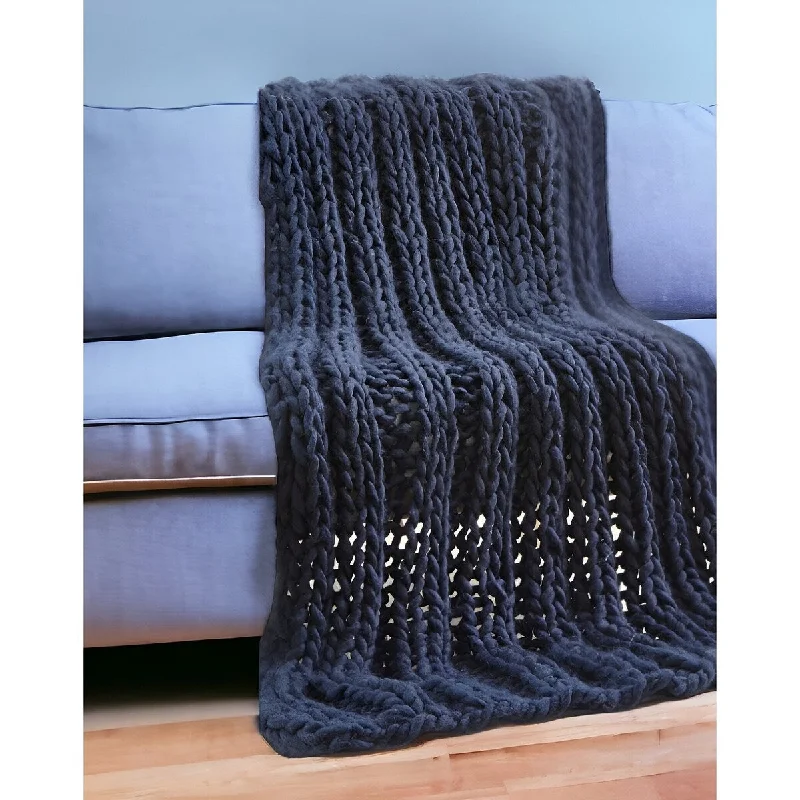 70" X 50" Navy Blue Knitted Polyester Throw Blanket