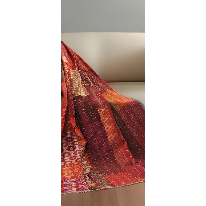 70" X 50" Red Kantha Silk Patchwork Throw Blanket with Embroidery