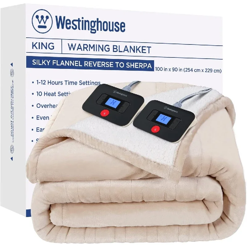 Electric Blanket Heated Blanket | 10 Heating Levels & 1 to 12 Hours Heating Time Settings | Flannel to Sherpa Reversible 90x100