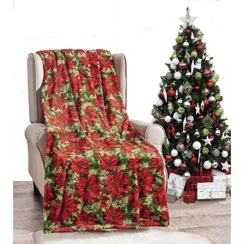 NobleHouse Velvet Touch Holiday Throw Fleece Blanket (50" x 60") - Christmas Flower