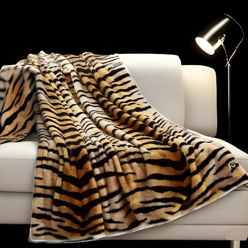 Orange and Black Tiger Print Faux Fur Plush Throw Blanket